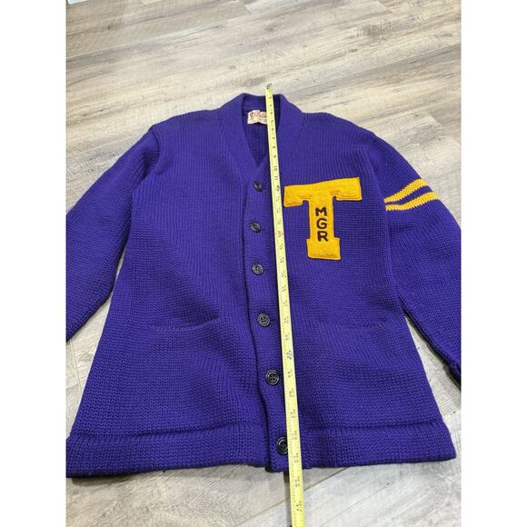 VTG 50s STADIUM SHAKER SWEATER Purple Wool Varsity Cardigan Sweater Men’s L - Picture 7 of 9